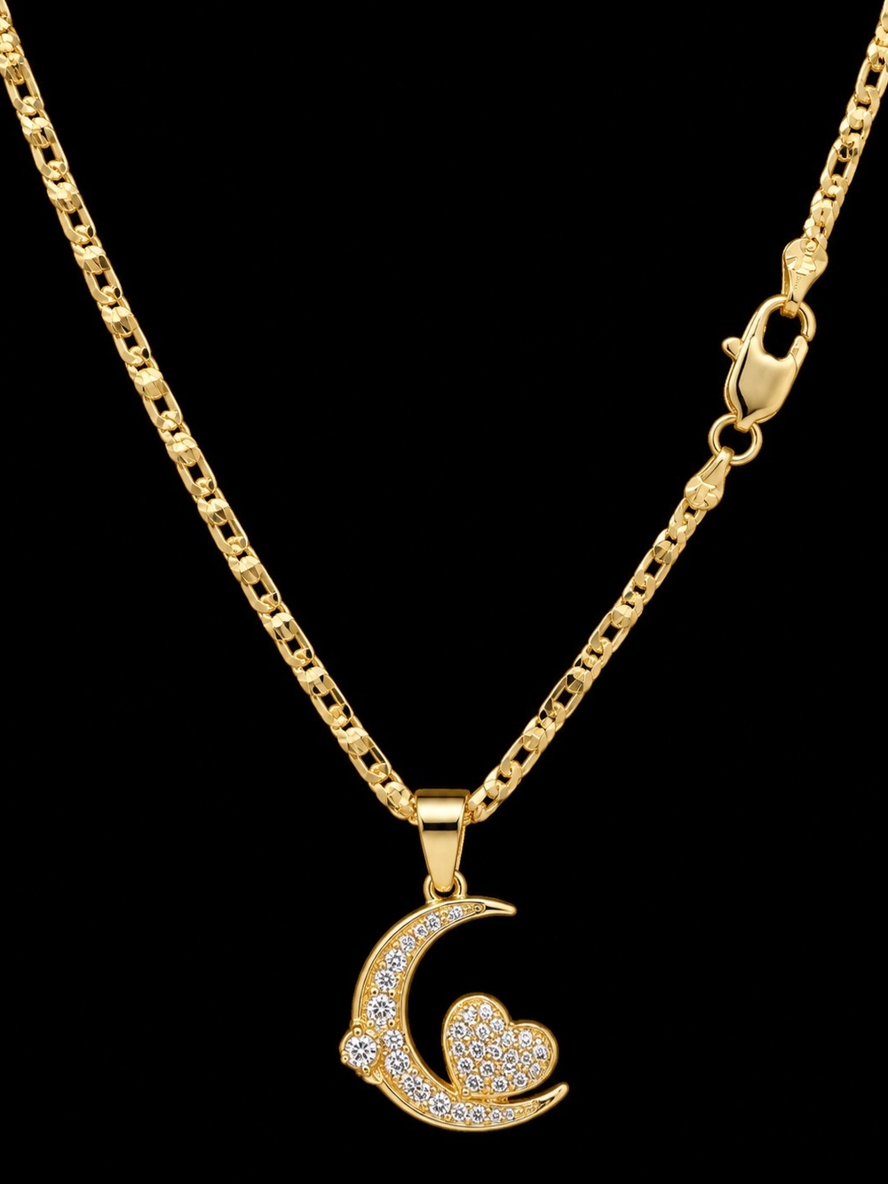Gold Crescent Moon & Heart Pendant Necklace - Women Jewelry